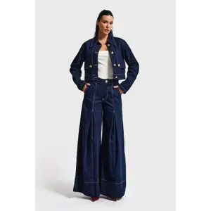 Women's High-Waisted Pleated Wide Leg Palazzo Jeans It's Basic image-1