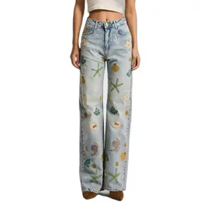 Flattering High-Waisted Straight Jeans with Embroidered Shell Details Women It's Basic image-0