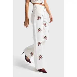 High Waisted Straight Jeans with Elegant Floral Embroidery Women It's Basic image-2