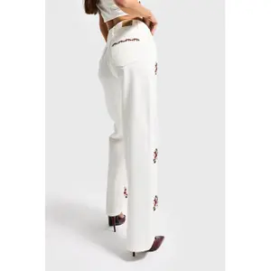 High Waisted Straight Jeans with Elegant Floral Embroidery Women It's Basic image-3