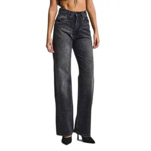 High-Waisted Cotton Straight Jeans Women It's Basic Rhinestone Rhinestone image-0