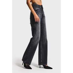High-Waisted Cotton Straight Jeans Women It's Basic Rhinestone Rhinestone image-3