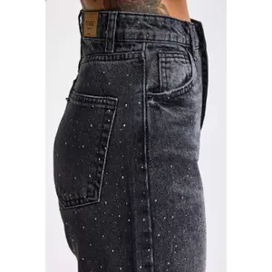 High-Waisted Cotton Straight Jeans Women It's Basic Rhinestone Rhinestone image-4