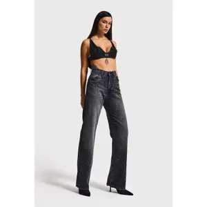 High-Waisted Cotton Straight Jeans Women It's Basic Rhinestone Rhinestone image-1