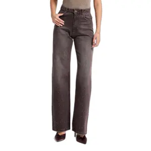 High-Waisted Cotton Straight Jeans Women It's Basic Rhinestone Rhinestone image-0