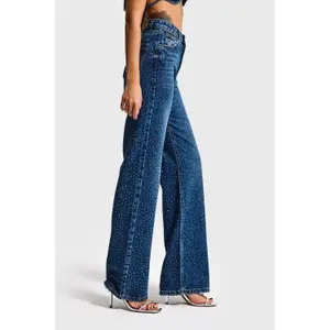 High-Waisted Cotton Straight Jeans Women It's Basic Rhinestone Rhinestone image-3