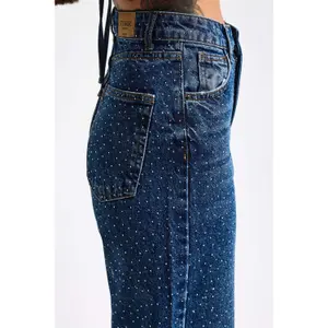 High-Waisted Cotton Straight Jeans Women It's Basic Rhinestone Rhinestone image-4