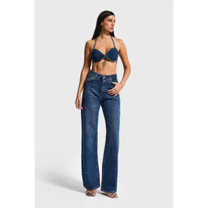 High-Waisted Cotton Straight Jeans Women It's Basic Rhinestone Rhinestone image-1