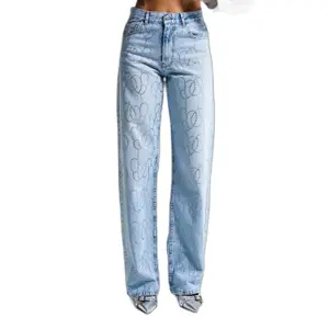 Women's Mid-Rise Loose Fit Rigid Cotton Jeans It's Basic Rhinestone