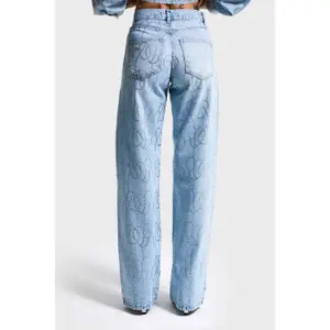 Women's Mid-Rise Loose Fit Rigid Cotton Jeans It's Basic Rhinestone image-1