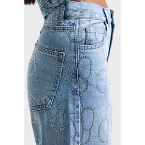 Women's Mid-Rise Loose Fit Rigid Cotton Jeans It's Basic Rhinestone image-3