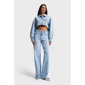 Women's Mid-Rise Loose Fit Rigid Cotton Jeans It's Basic Rhinestone image-4