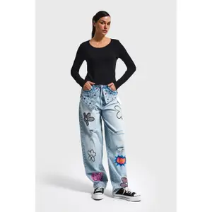 Women's Mid-Rise Straight Jeans It's Basic Skater Rhinestone image-1