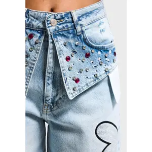 Women's Mid-Rise Straight Jeans It's Basic Skater Rhinestone image-3