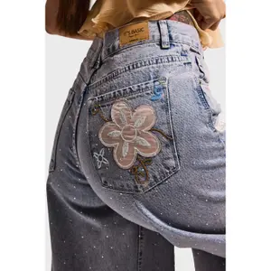 Mid-Rise Palazzo Jeans Women It's Basic Rhinestone image-4