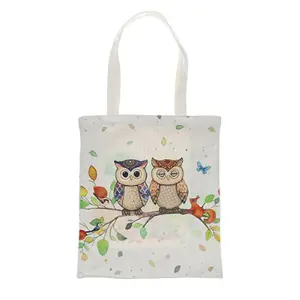Bolso tote rectangular de yute Kiub Portfolio Couple De Chouettes image-0