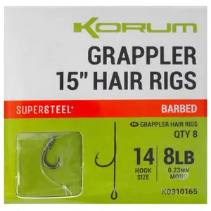 Vleesetende haak Korum Grappler Hair Rigs 15 Barbed 14 (x8) image-0