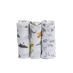 Set of 3 cotton muslin baby diapers Little Unicorn Dino Friends image-0