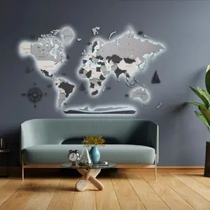 World Map Wall Decoration with LED Backlight LosokaWood 3D Wzór IX