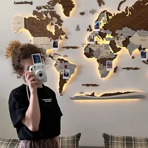 World Map Wall Decoration with LED Backlight LosokaWood 3D Wzór III image-1