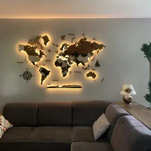 World Map Wall Decoration with LED Backlight LosokaWood 3D Wzór II