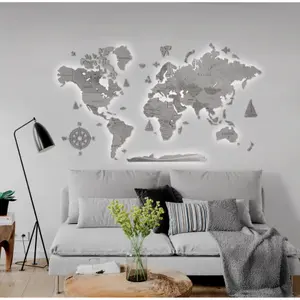 World Map Wall Decoration with LED Backlight LosokaWood 3D Wzór XVIII