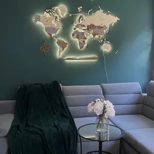 World Map Wall Decoration with LED Backlight LosokaWood 3D Wzór XVII
