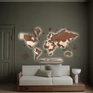 World Map Wall Decoration with LED Backlight LosokaWood 3D Wzór XVI