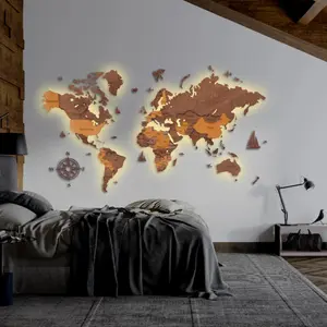 World Map Wall Decoration with LED Backlight LosokaWood 3D Wzór XII
