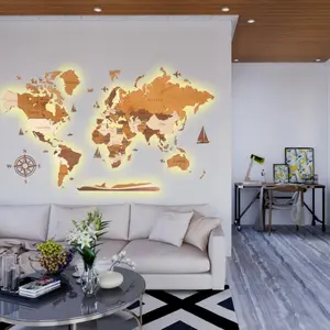 World Map Wall Decoration with LED Backlight LosokaWood 3D Wzór XI