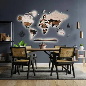 World Map Wall Decoration with LED Backlight LosokaWood 3D Wzór X