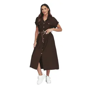 Belted Midi Shirt Dress Women Makadamia image-0