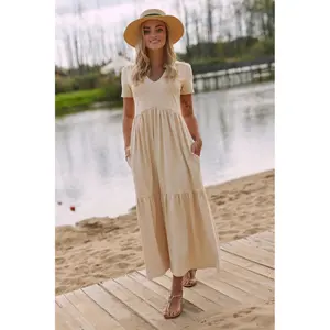 Abito lungo con scollo a V in maglia donna Makadamia image-1