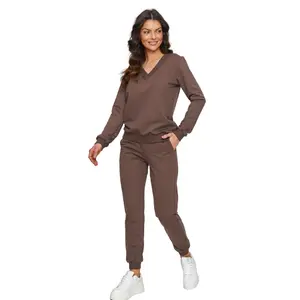 Damen Sweatshirt mit V-Ausschnitt und Jogginghose Set Makadamia