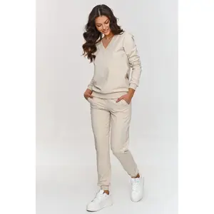 Damen Sweatshirt mit V-Ausschnitt und Jogginghose Set Makadamia image-2
