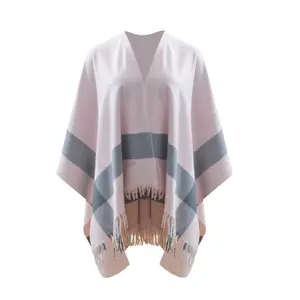 Women's Checked Fringed Poncho Mat Fashion image-0