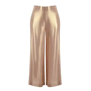 Metallic Gold Wide Leg Trousers with Elastic Waist Women Mat Fashion image-0