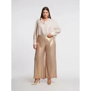 Metallic Gold Wide Leg Trousers with Elastic Waist Women Mat Fashion image-1