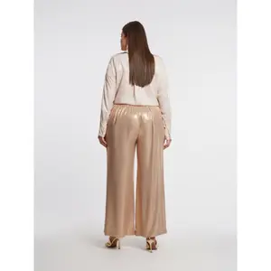 Metallic Gold Wide Leg Trousers with Elastic Waist Women Mat Fashion image-2