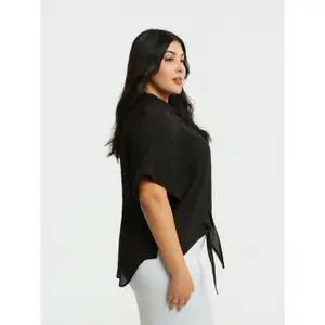 Women's Pocketed Panel Shirt with Front Tie Mat Fashion image-3
