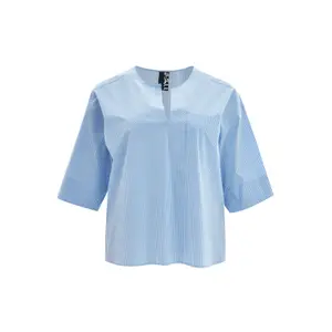 Women's Modern Neck Cotton Blend Striped Blouse with Chest Pocket Mat Fashion image-0