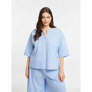Women's Modern Neck Cotton Blend Striped Blouse with Chest Pocket Mat Fashion image-1