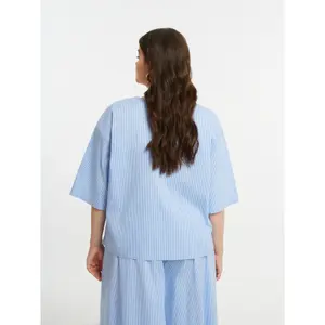 Women's Modern Neck Cotton Blend Striped Blouse with Chest Pocket Mat Fashion image-2