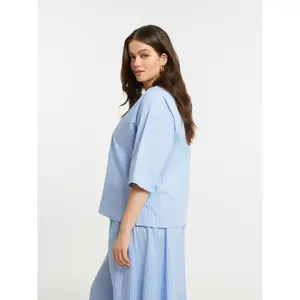 Women's Modern Neck Cotton Blend Striped Blouse with Chest Pocket Mat Fashion image-3