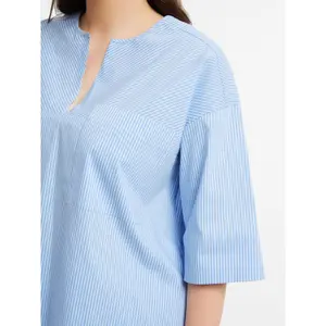 Women's Modern Neck Cotton Blend Striped Blouse with Chest Pocket Mat Fashion image-4