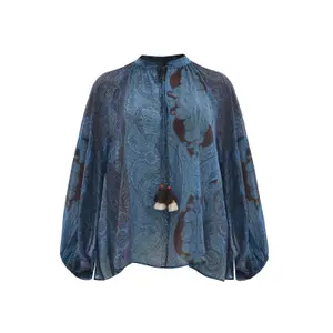 Blouse à motifs cachemire, manches bouffantes et col à nouer femme Mat Fashion