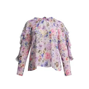 Floral Ruffle Sleeve Blouse Women Mat Fashion image-0