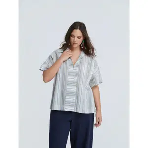Striped Cotton and Linen Blouse for Women Mat Fashion image-1