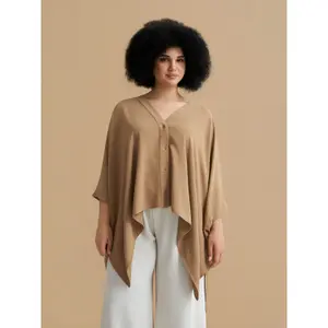 Women's V-Neck Crepe Blouse with Dipped Sides Mat Fashion Airwashed image-1