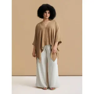 Women's V-Neck Crepe Blouse with Dipped Sides Mat Fashion Airwashed image-2
